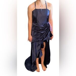 Dideyttawl Satin Criss Cross Spaghetti Strap Formal Dress Blue 16 NWT